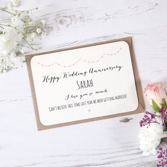 Pink Heart Bunting Anniversary Card Flat