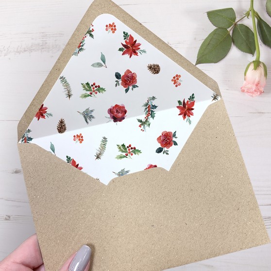 'Christmas Holly' Printed Envelope Liner Sample with Envelope