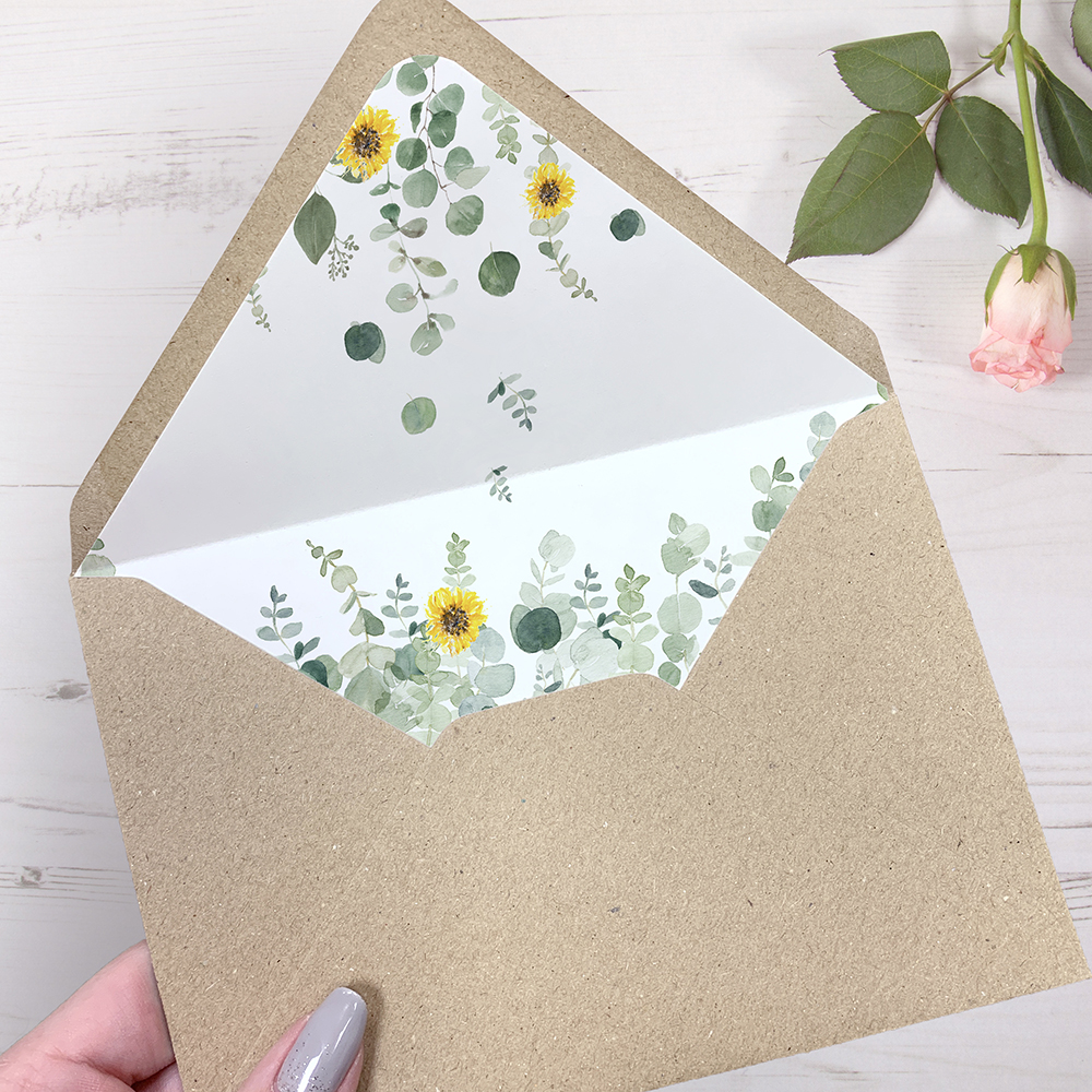 'Classic Eucalyptus Sunflower' Printed Envelope Liner Sample with Envelope