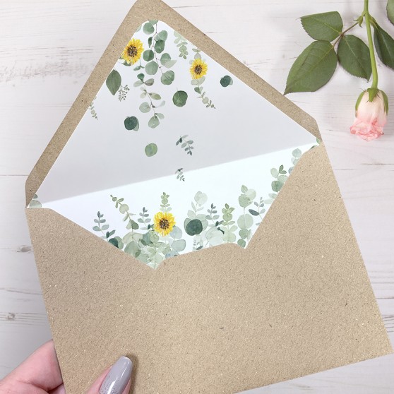 'Classic Eucalyptus Sunflower' Printed Envelope Liner Sample with Envelope