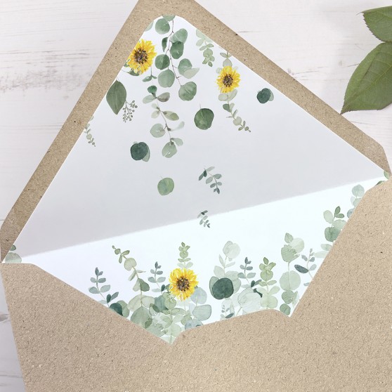 'Classic Eucalyptus Sunflower' Printed Envelope Liner Sample with Envelope