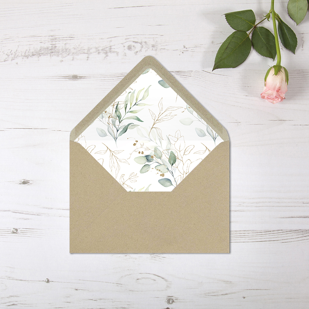 'Green & Gold Eucalyptus' Printed Envelope Liner Sample with Envelope