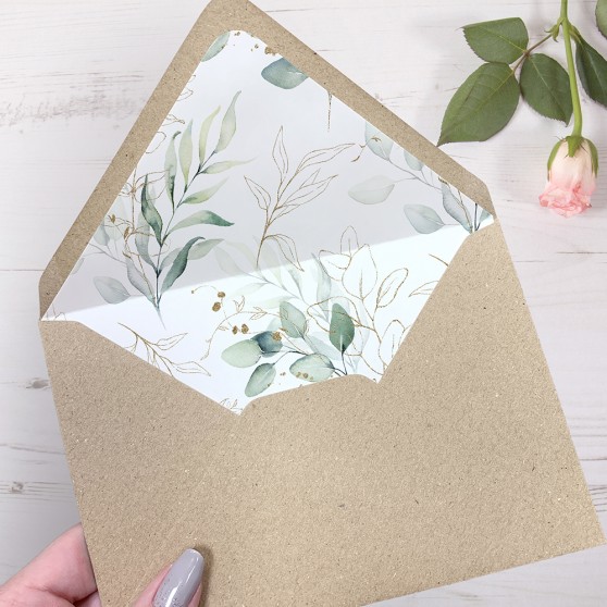 'Green & Gold Eucalyptus' Printed Envelope Liner Sample with Envelope