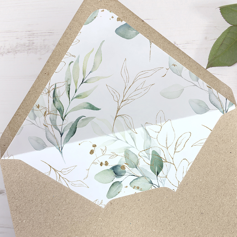 'Green & Gold Eucalyptus' Tri Fold Wedding Invitation Sample