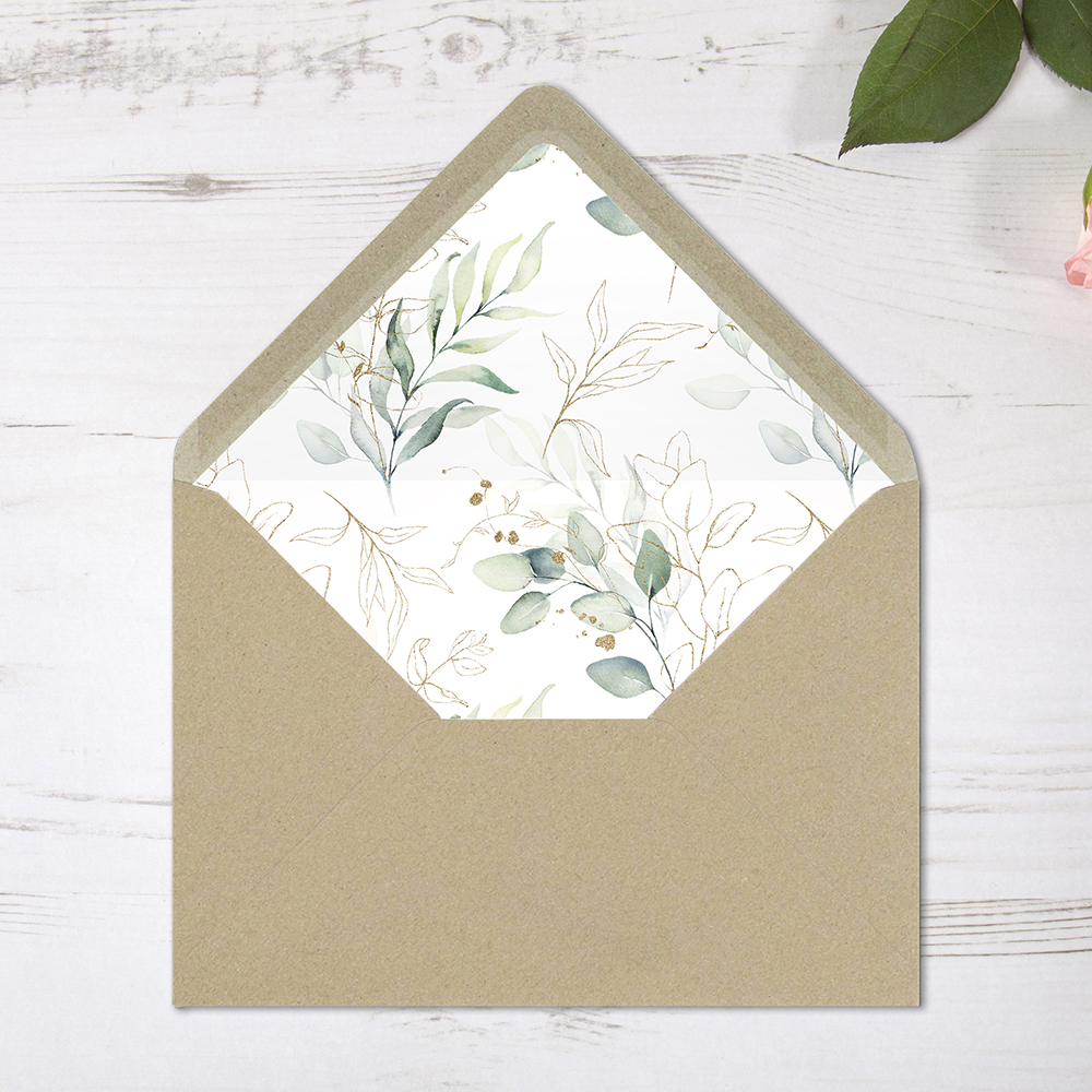 'Green & Gold Eucalyptus' Printed Envelope Liner Sample with Envelope