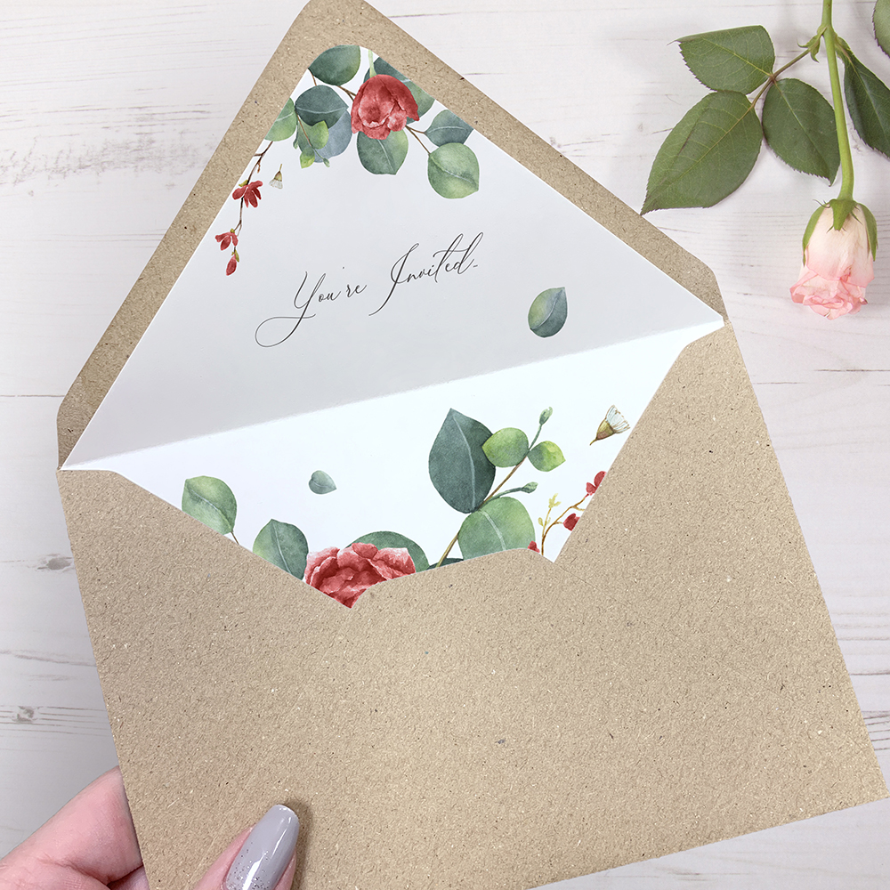 'Red Eucalyptus' Printed Envelope Liner Sample with Envelope