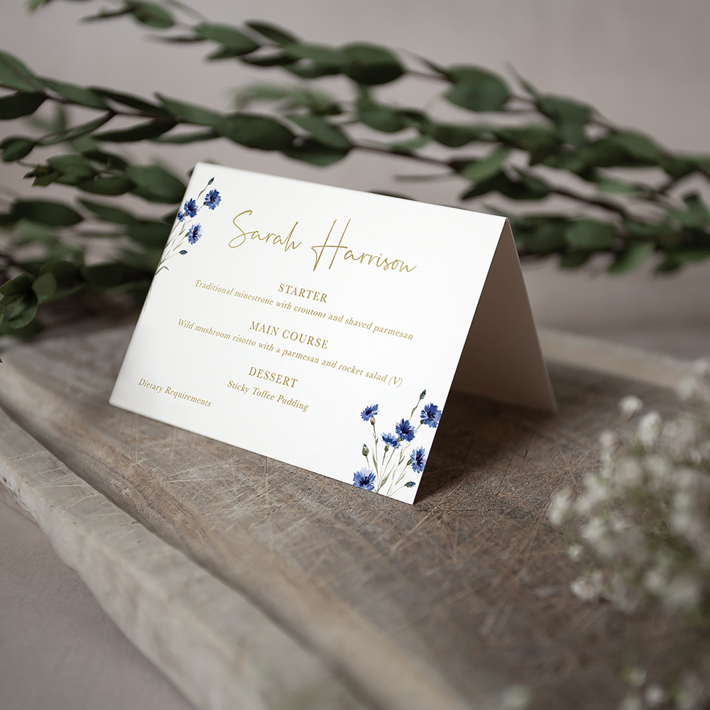 'Cornflower Blue' Foil Menu Place Card