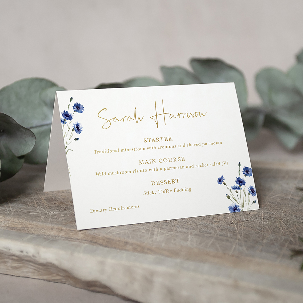 'Cornflower Blue' Foil Menu Place Card