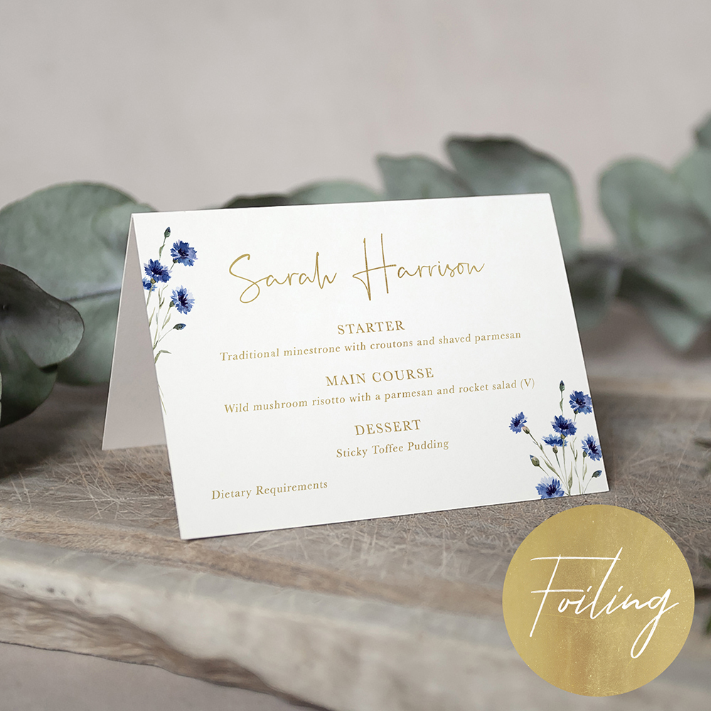 'Cornflower Blue' Foil Menu Place Card