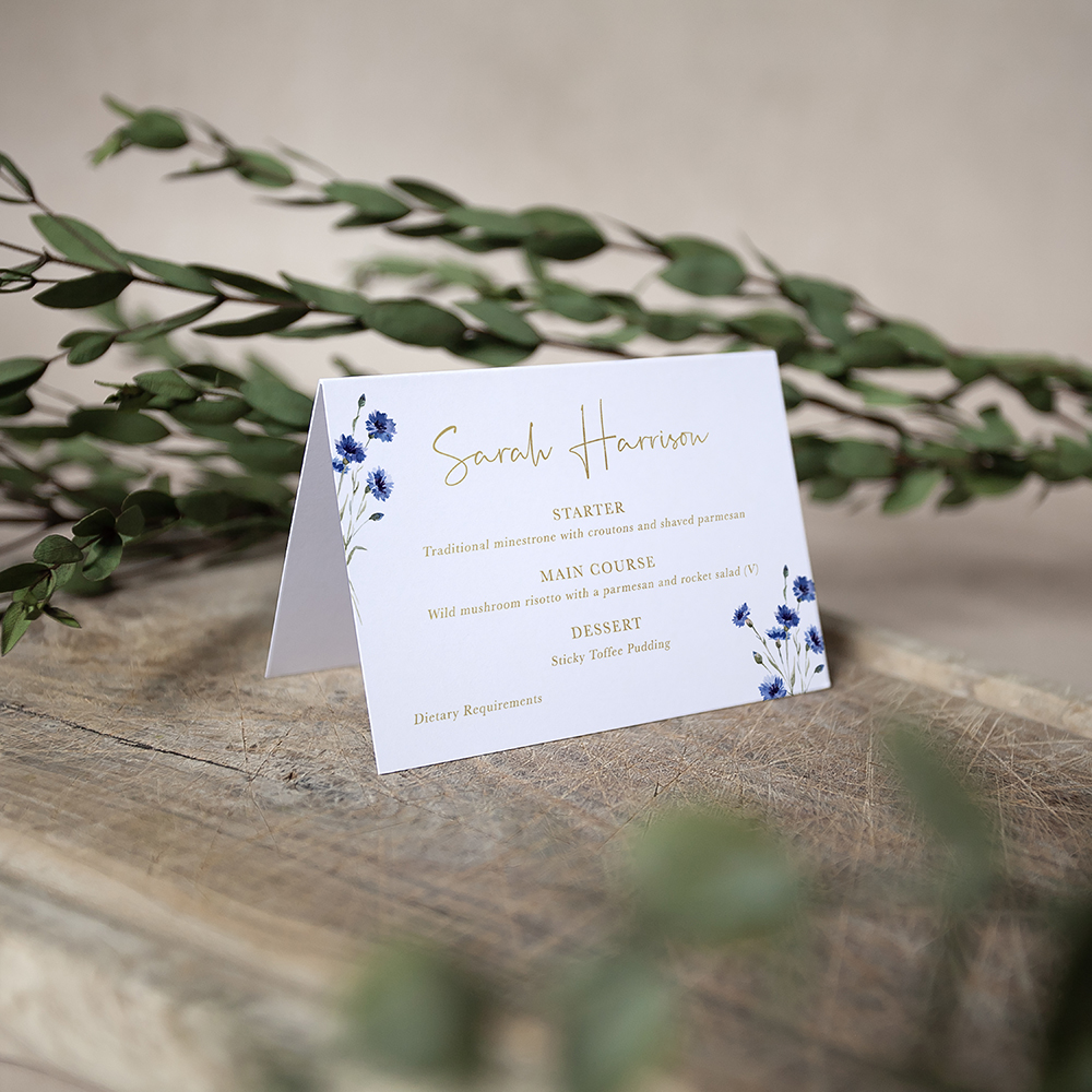'Cornflower Blue' Foil Menu Place Card