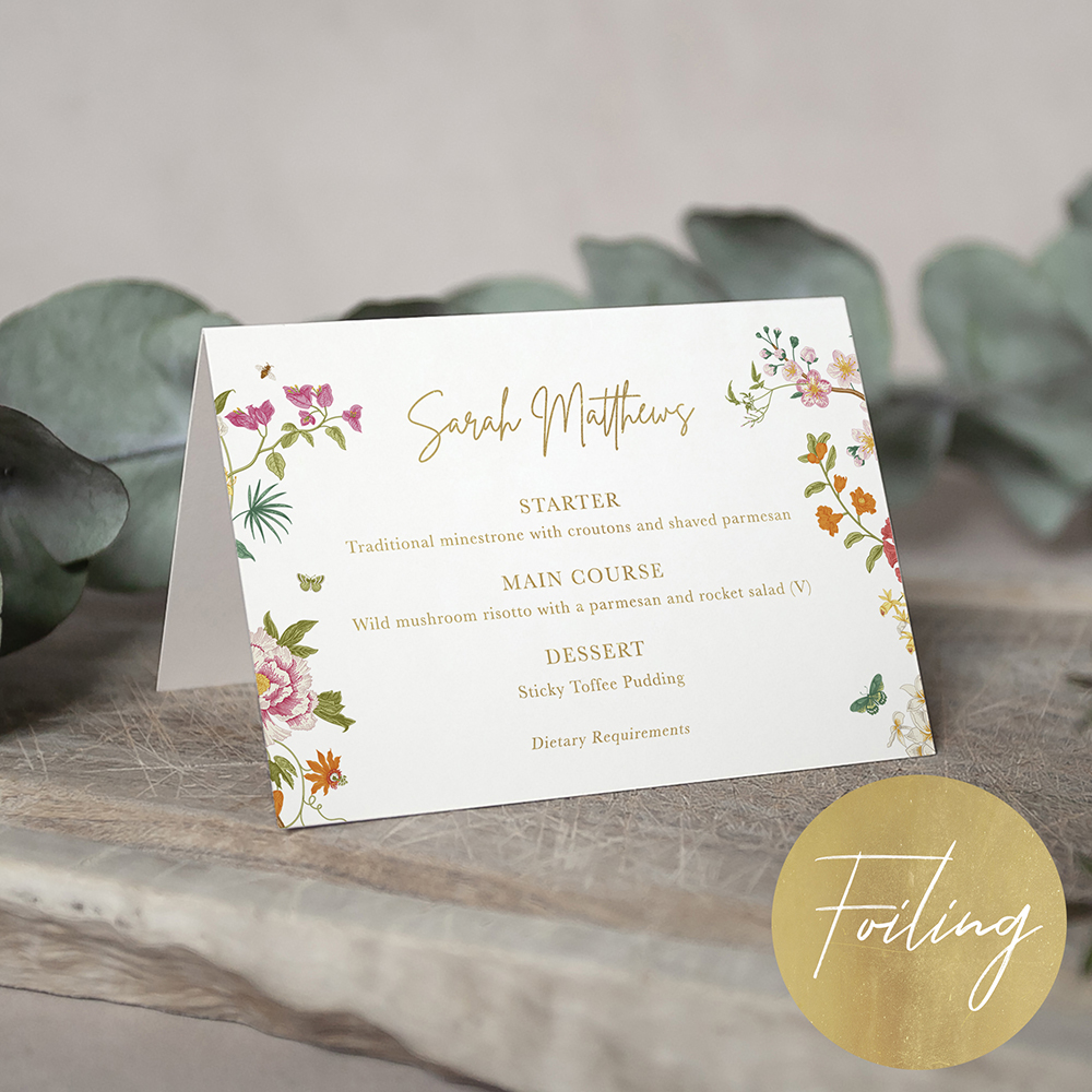 'Vintage Blooms' Foil Menu Place Card