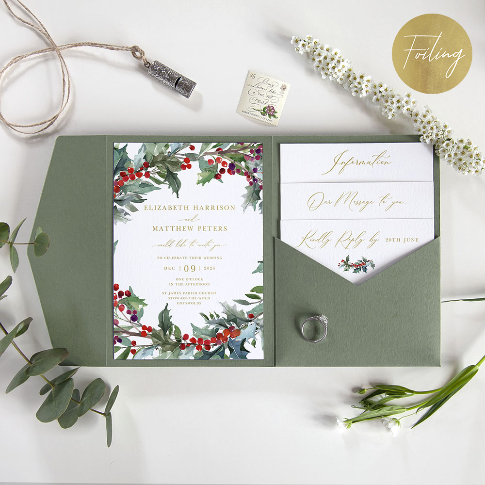 'Christmas Holly' Foil Pocketfold Wedding Invitation
