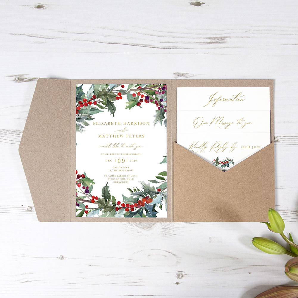 'Christmas Holly' Foil Pocketfold Wedding Invitation
