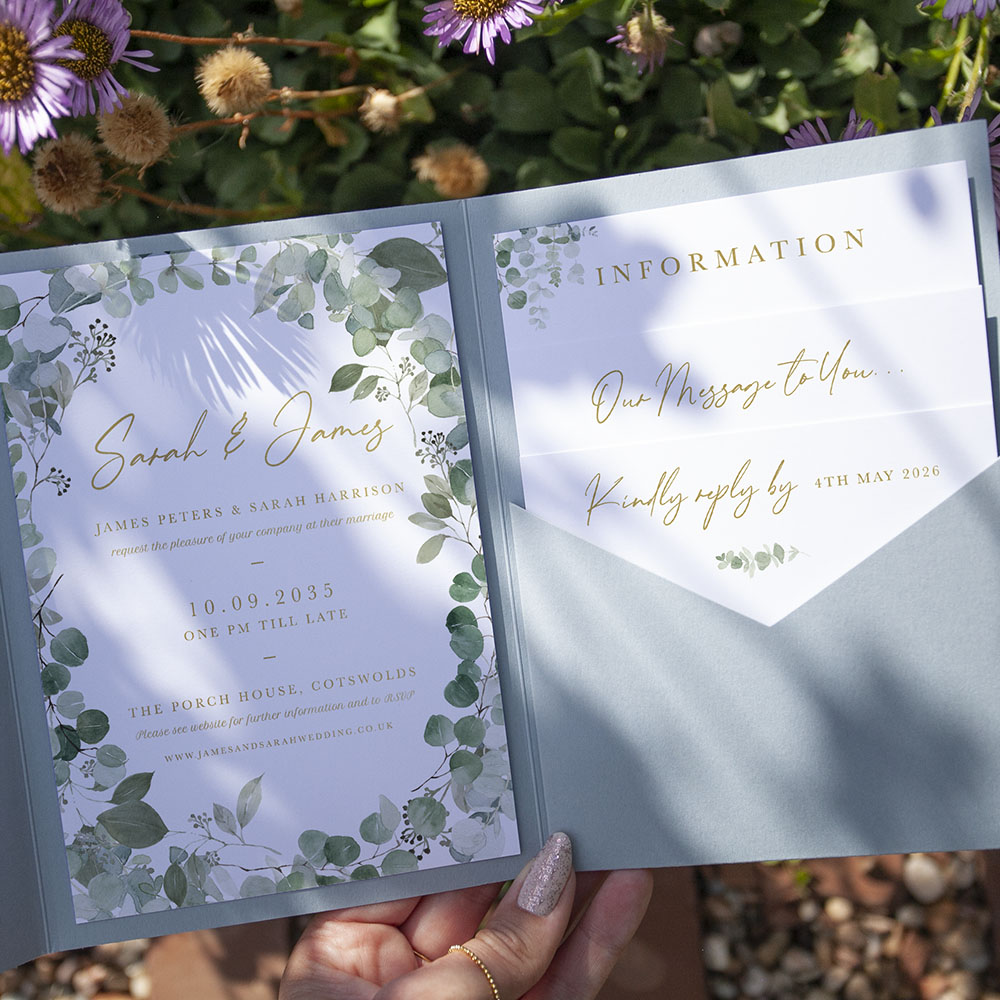 'Classic Eucalyptus CE21' Foil Pocketfold Wedding Invitation