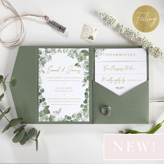 'Classic Eucalyptus CE21' Foil Pocketfold Wedding Invitation