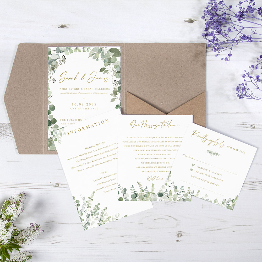 'Classic Eucalyptus CE21' Foil Pocketfold Wedding Invitation
