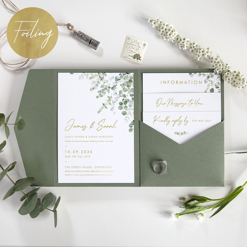 'Classic Eucalyptus' Foil Pocketfold Wedding Invitation