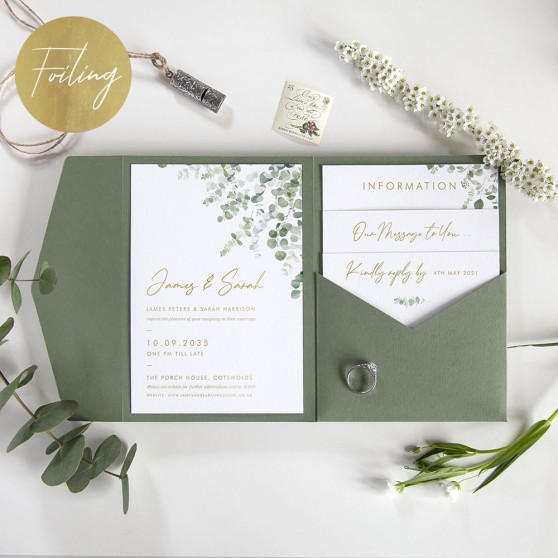 'Classic Eucalyptus' Foil Pocketfold Wedding Invitation