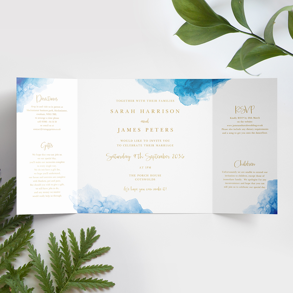 'Blue Watercolour Splash' Foil Printed Gatefold Wedding Invitation