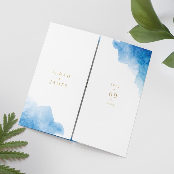 'Blue Watercolour Splash' Foil Printed Gatefold Wedding Invitation
