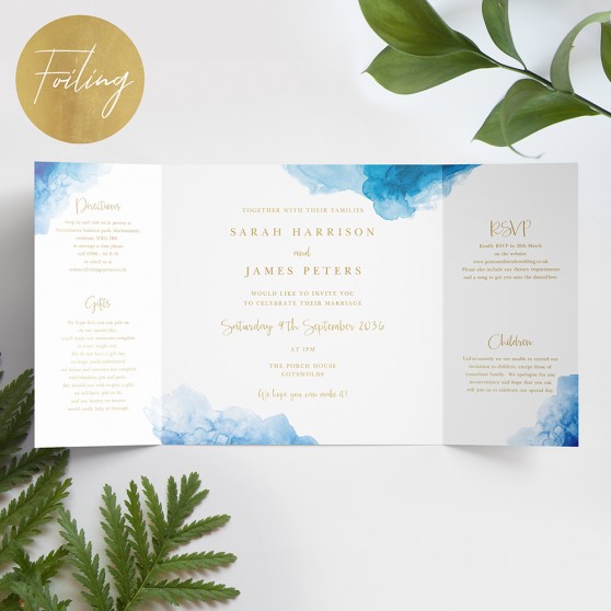 'Blue Watercolour Splash' Foil Printed Gatefold Wedding Invitation