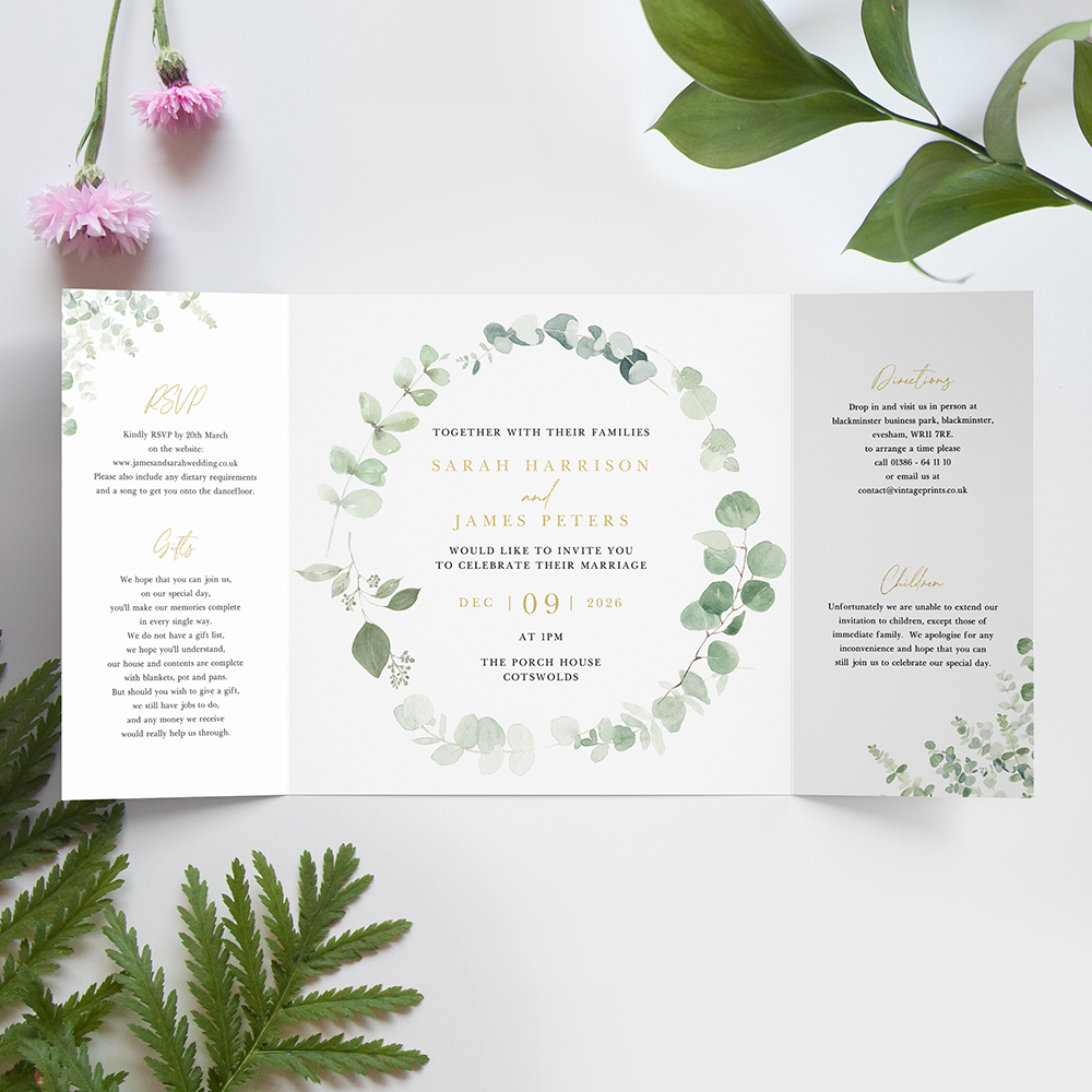 'Classic Eucalyptus' Foil Printed Gatefold Wedding Invitation