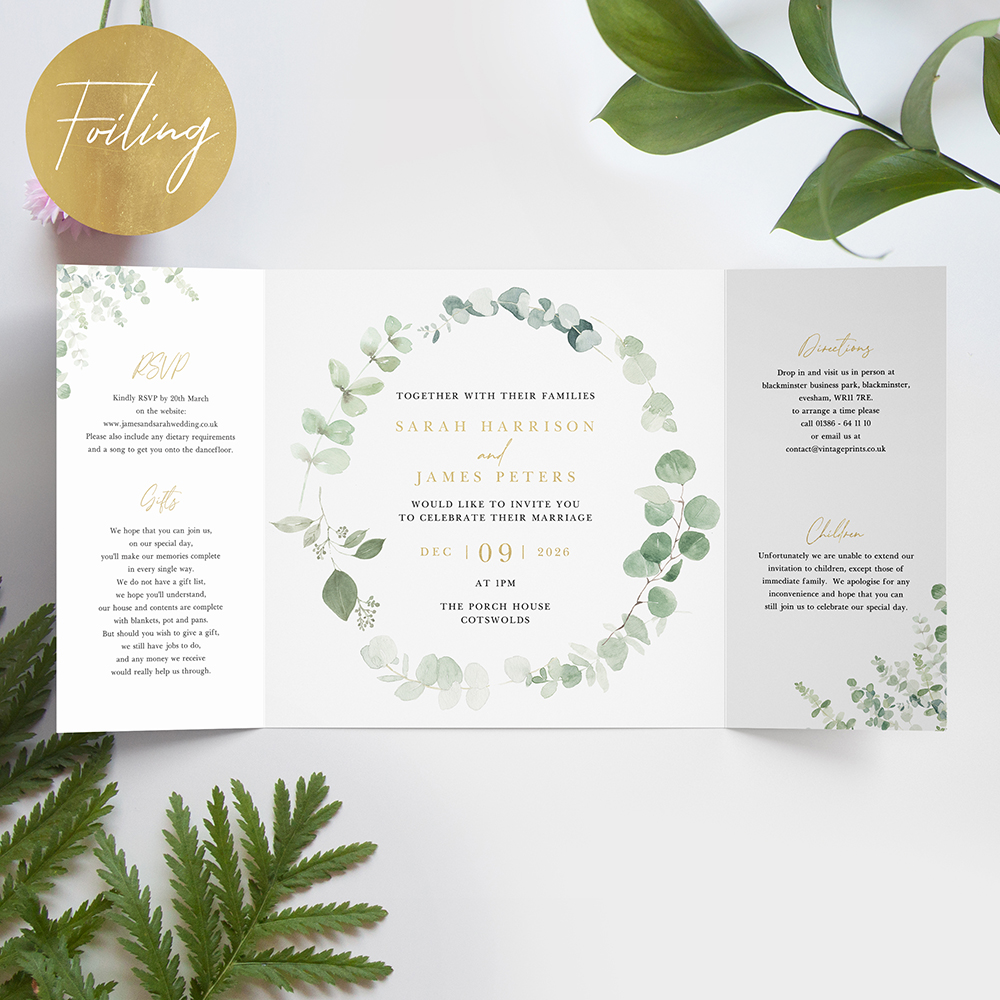 'Classic Eucalyptus' Foil Printed Gatefold Wedding Invitation