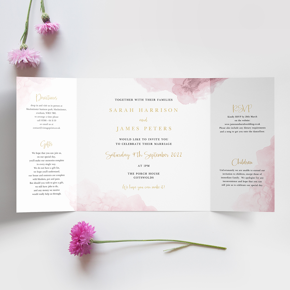 'Pink Splash' Foil Printed Gatefold Wedding Invitation