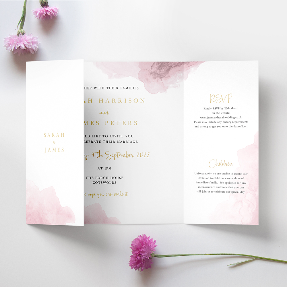 'Pink Splash' Foil Printed Gatefold Wedding Invitation
