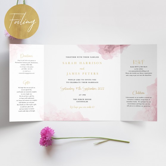 'Pink Splash' Foil Printed Gatefold Wedding Invitation