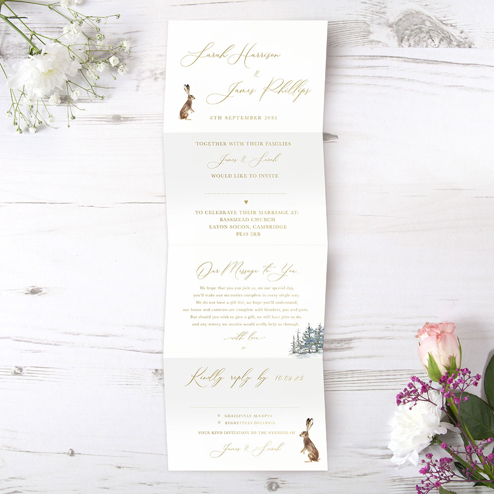 'Christmas Hare' Folded Foil Wedding Invitation
