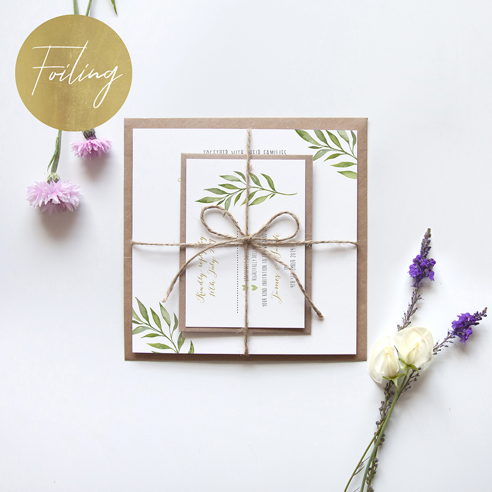 'Green Leaf' Square Foil Invitation