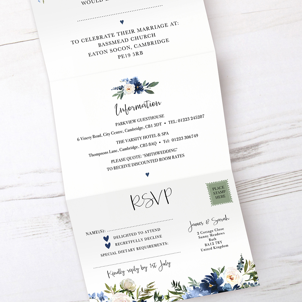 'Blue Velvet' Folded Wedding Invitation