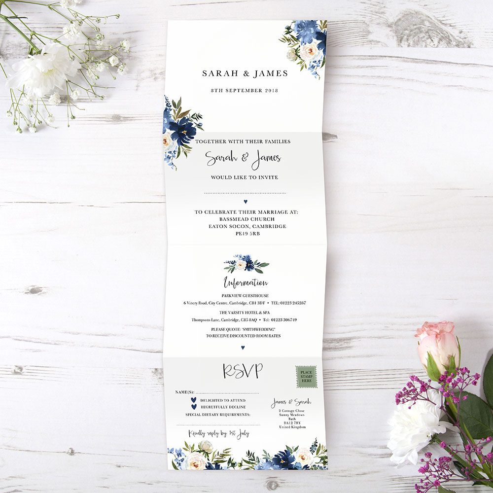 'Blue Velvet' Folded Wedding Invitation