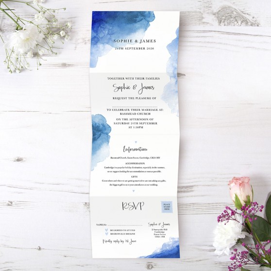 'Blue Watercolour Splash' Folded Invite Sample