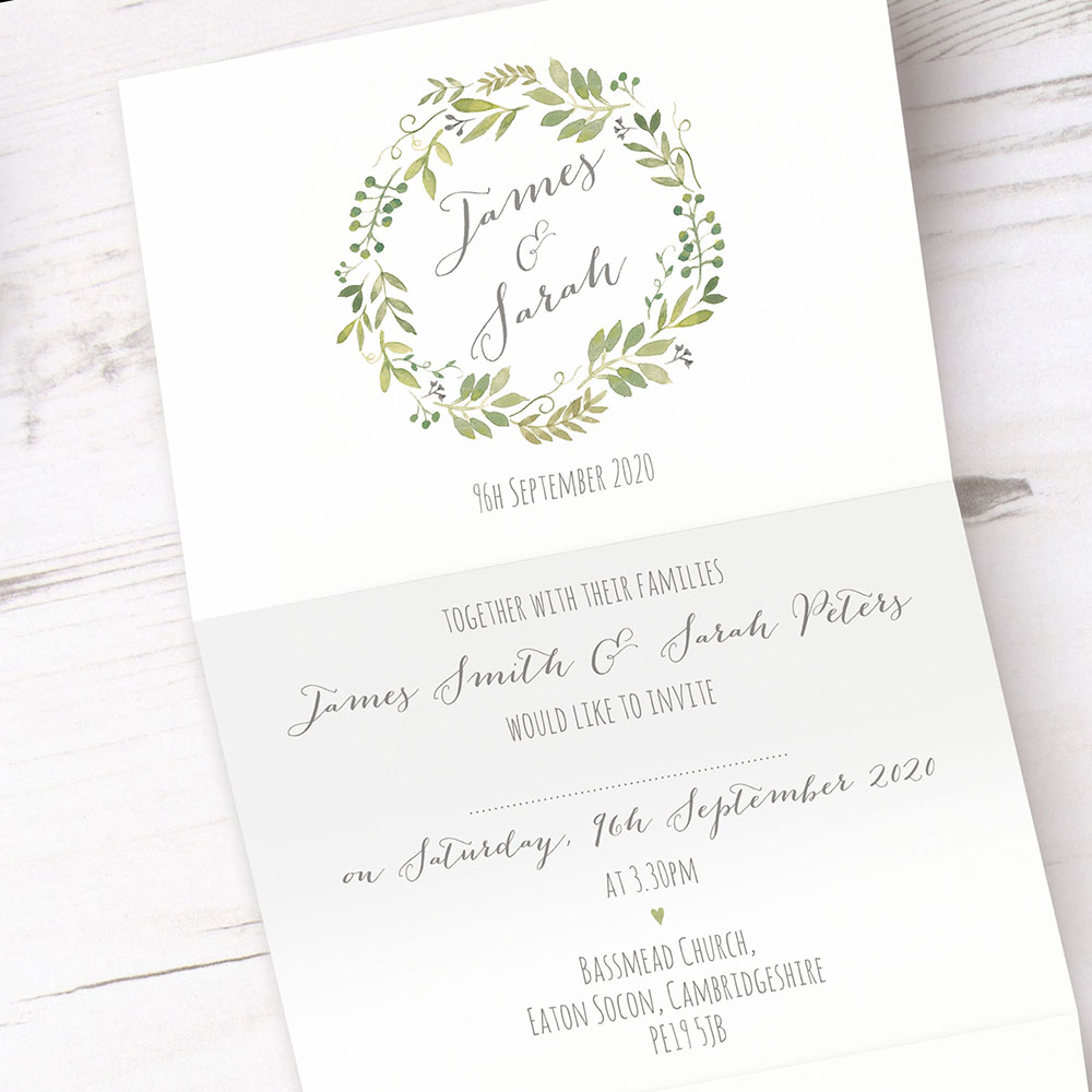'Green Floral Watercolour' Folded Invite