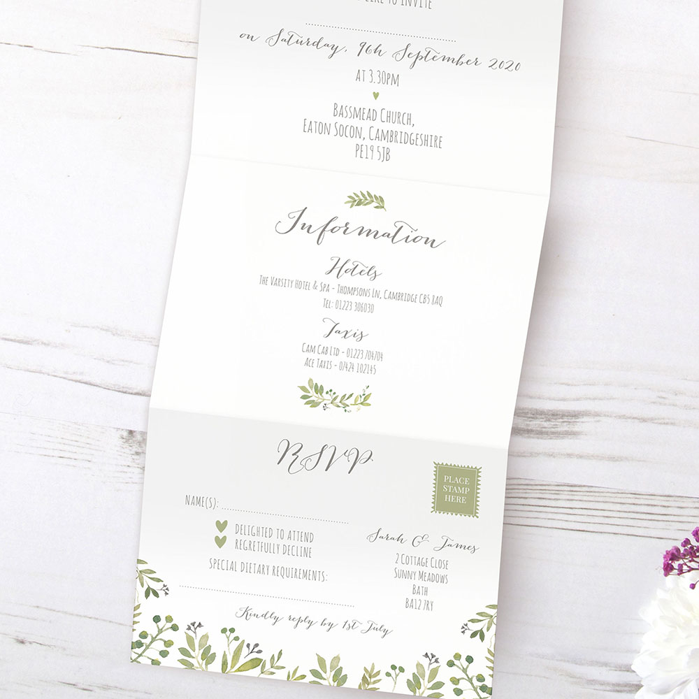 'Green Floral Watercolour' Folded Invite