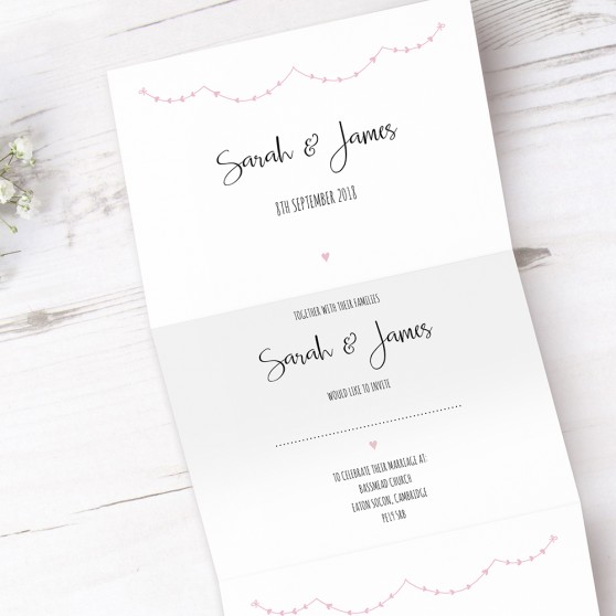 'Pink Heart Bunting' Folded Invite Sample