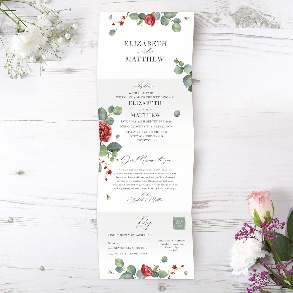 'Red Eucalyptus' Folded Wedding Invitation Sample