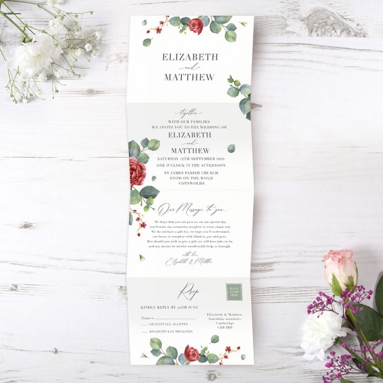 'Red Eucalyptus' Folded Wedding Invitation Sample