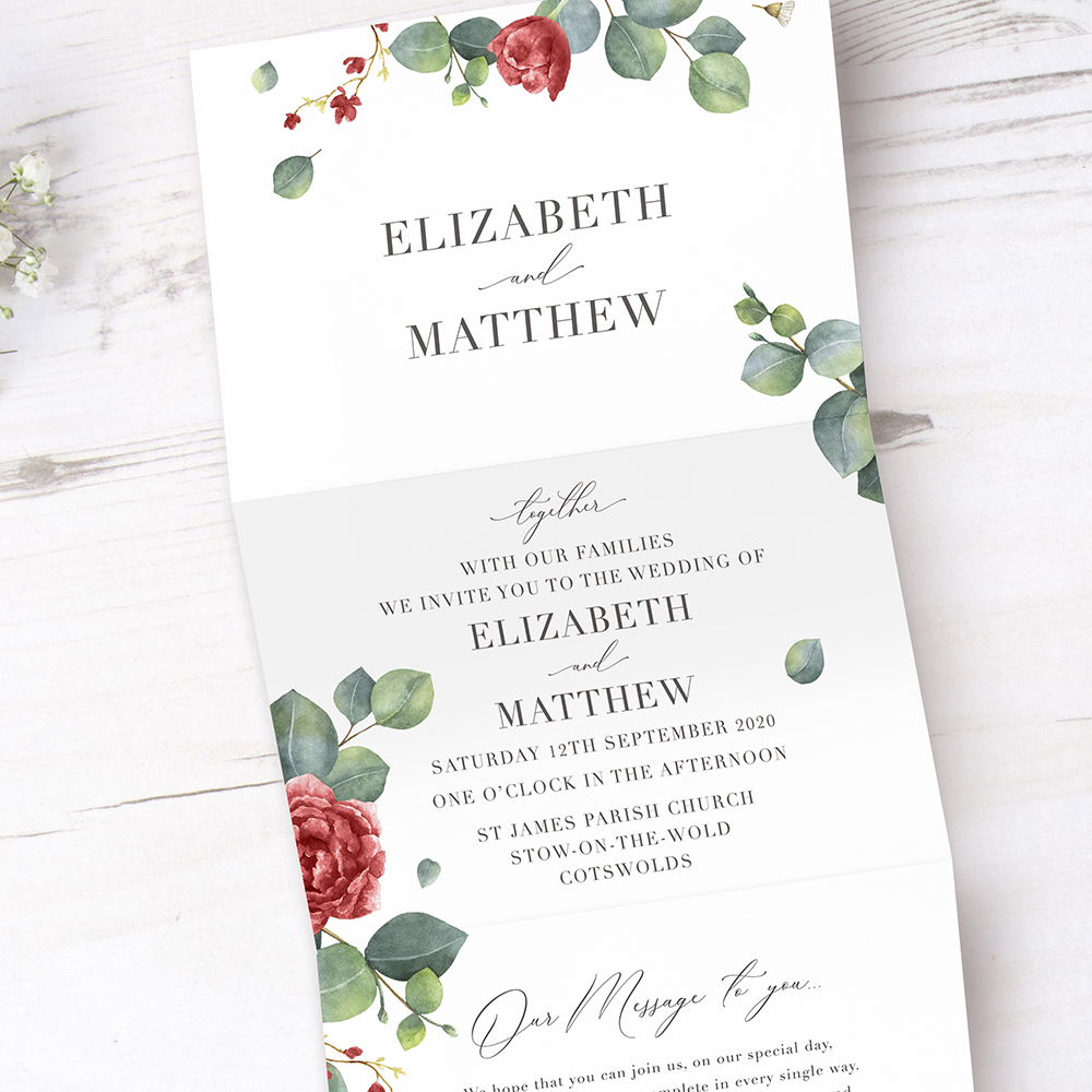 'Red Eucalyptus' Folded Wedding Invitation Sample