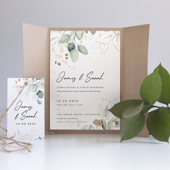 'Green & Gold Eucalyptus' Gatefold Wedding Invitation Sample