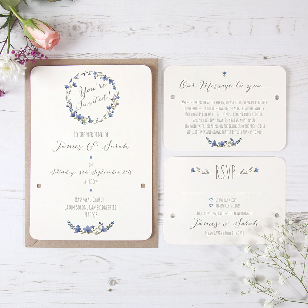'Blue Floral Watercolour' Hole-punched Wedding Invitation Sample