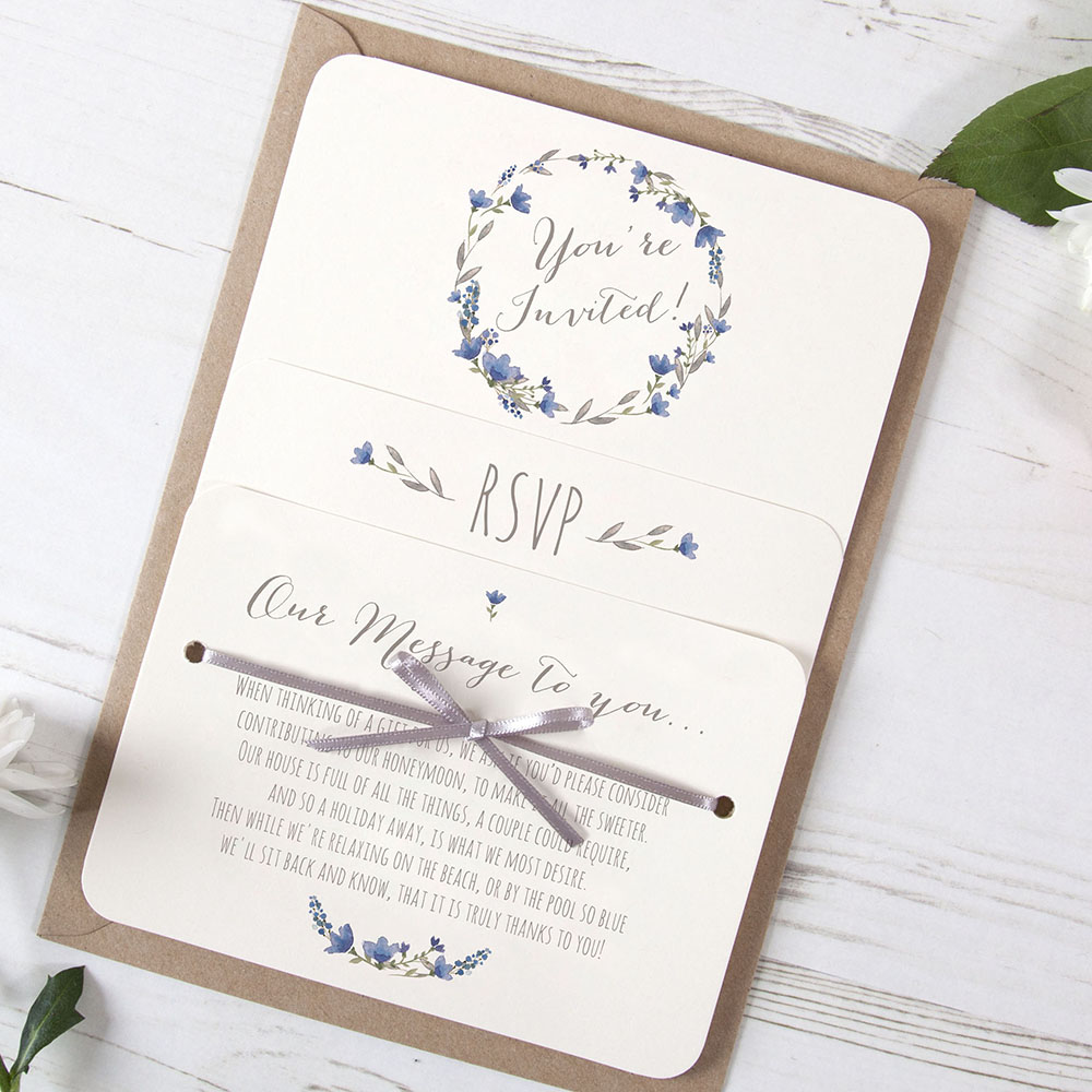 'Blue Floral Watercolour' Hole-punched Wedding Invitation Sample