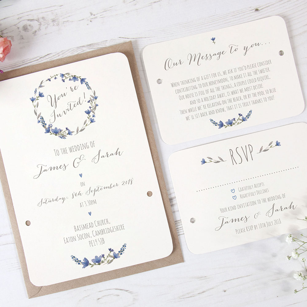 'Blue Floral Watercolour' Hole-punched Wedding Invitation Sample