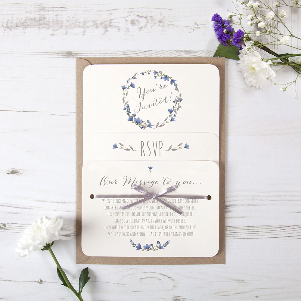 'Blue Floral Watercolour' Hole-punched Wedding Invitation Sample