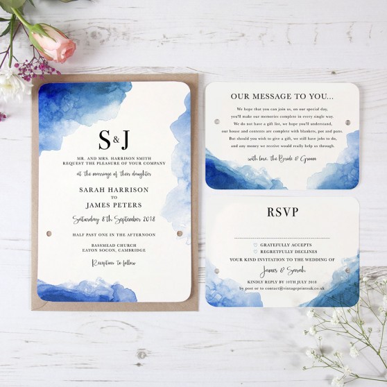 'Blue Watercolour Splash' Hole-punched Invite Sample