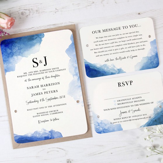 'Blue Watercolour Splash' Hole-punched Wedding Invitation