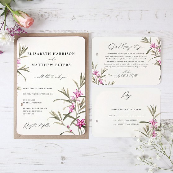 'Pink Botanical' Hole-punched Wedding Invitation Sample