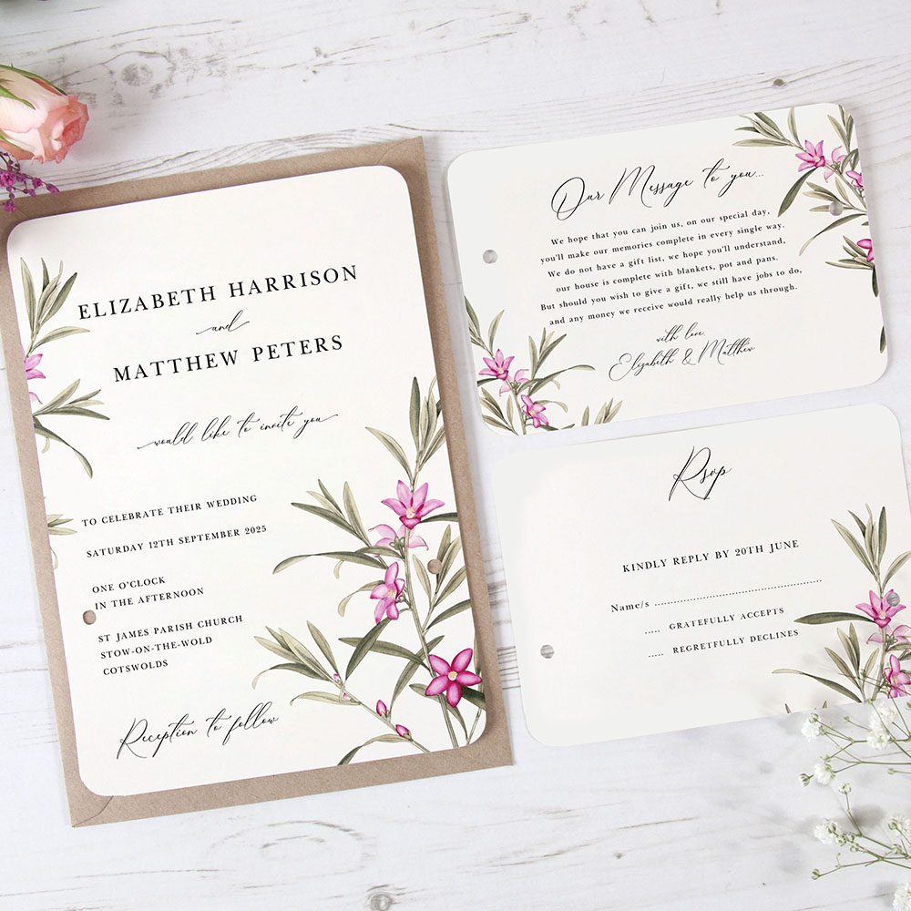 'Pink Botanical' Hole-punched Wedding Invitation Sample